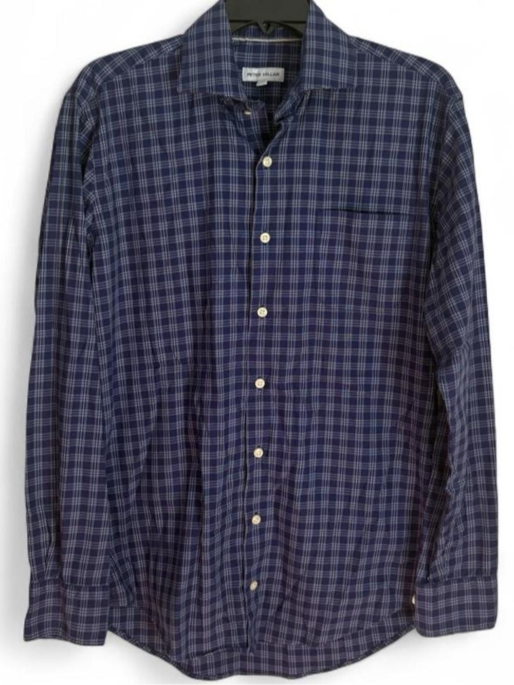 Peter Millar Blue & White Stretch Plaid Long Sleeve Button Down Shirt